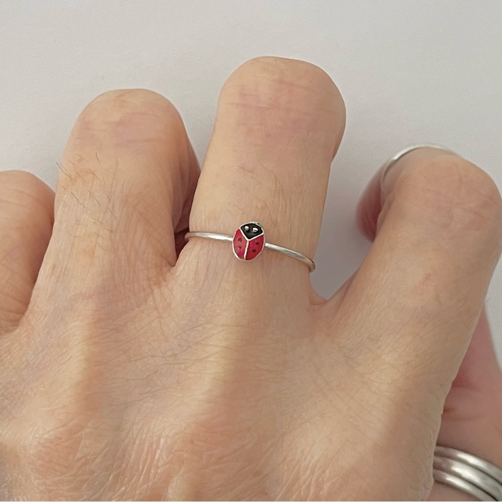 Sterling Silver Tiny Ladybug Ring, Silver Rings, … - image 1